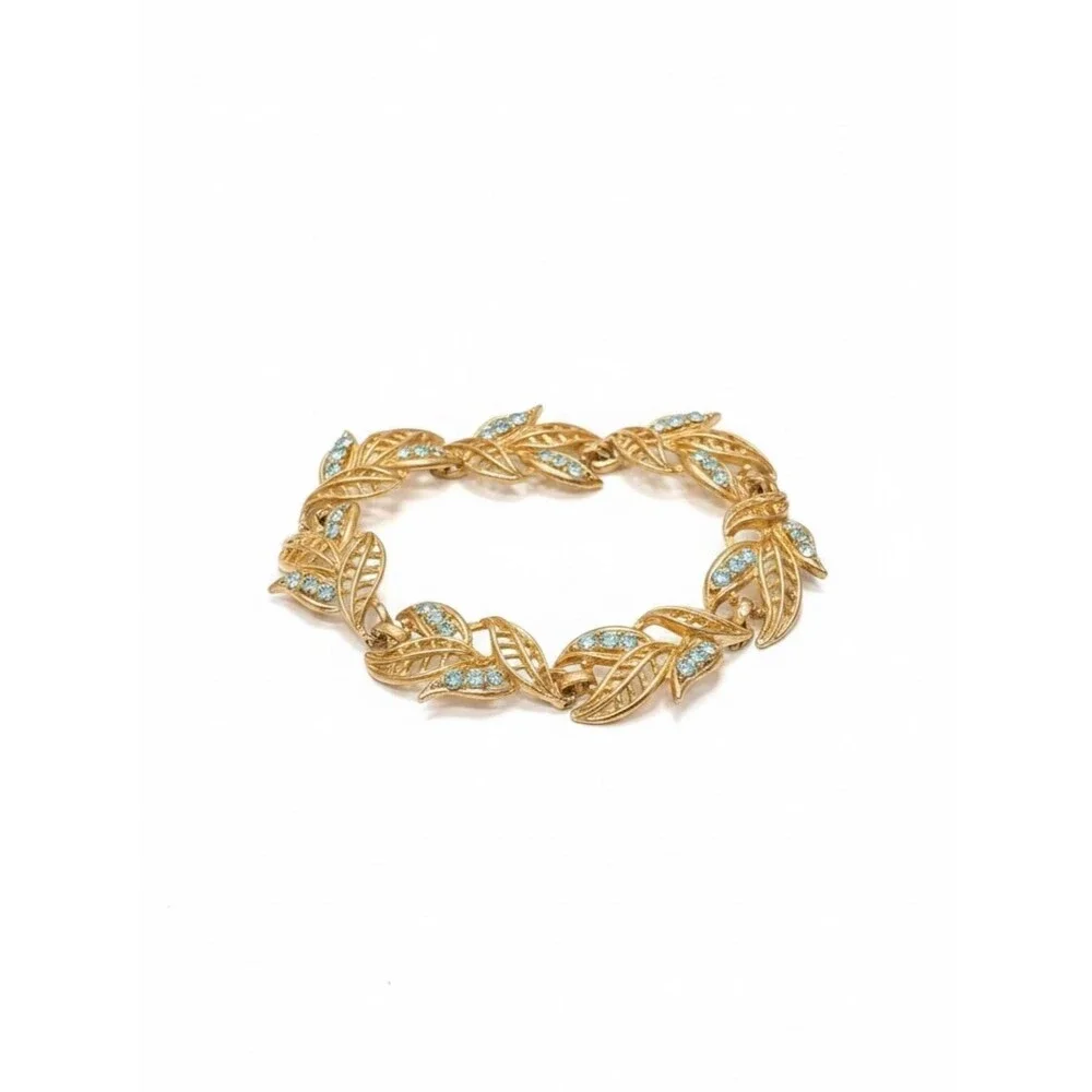 Gold Tone Leaf Link Bracelet Blue Rhinestone Vintage Style
